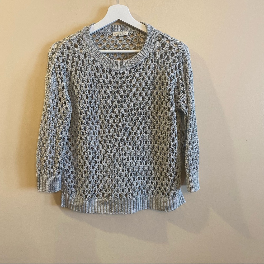 Club Monaco Size XS Silver Fishnet Crewneck sweater loose knit Oversized EUC